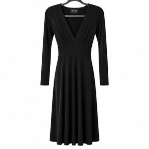 AYM Taylor Dress M Midi Black V-Neck Long Sleeve Lace Up Corset Back Cocktail